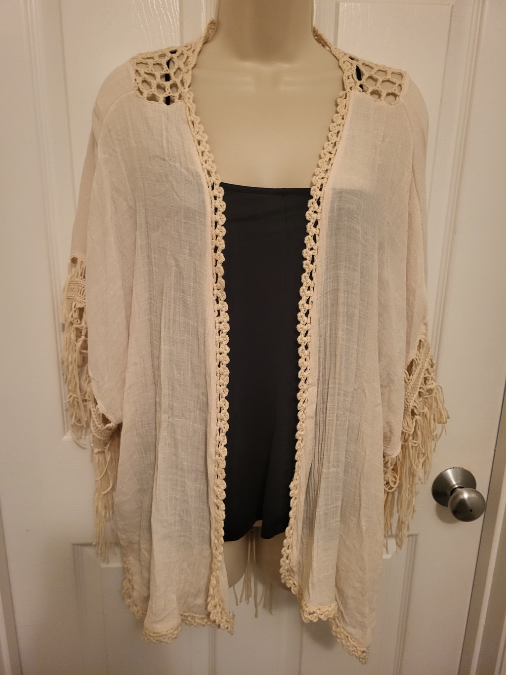 Liv Los Angeles Beige Crochet-Trim Kimono Shrug